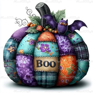 May include: A decorative pumpkin illustration featuring a patchwork design of teal, purple, and orange fabric patterns. The pumpkin has a black stem, green leaves, small orange berries, and a purple bat with orange eyes. The word BOO is printed.