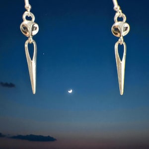 May include: Silver-toned dangle earrings with a unique design. Each earring features a decorative top element and a long, pointed teardrop shape. The earrings are displayed against a dark blue sky with a crescent moon.