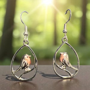 Peut inclure: Paire de boucles d'oreilles argentées représentant des oiseaux. Chaque boucle présente un petit oiseau avec une poitrine rouge et des ailes grises, perché sur une branche dans un cadre en forme de goutte d'eau. Fermeture à crochet.