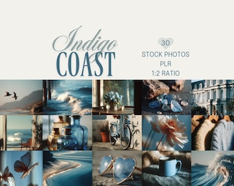 Moody Blue Coastal Stock Photo Bundle, Mediterranean Beach Aesthetic (PLR, Digital Download)