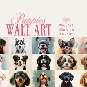 Wall Art Print Bundle, Welpe Wandkunst, Kinderwandkunst, Cartoon Hunde, verkaufsfertig, MRR Weiterverkaufsrechte, PLR, Wohnkultur, süße Tiere