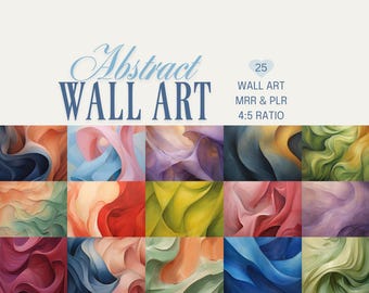 May include: A set of 25 abstract wall art prints featuring swirling, colorful patterns in shades of blue, green, red, purple, and yellow. The prints are arranged in a grid pattern and have a 4:5 ratio.