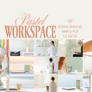 May include: A collage of 25 stock photos with a pastel workspace theme. The title "Pastel Workspace" is displayed in a soft, elegant font. The images include a typewriter, mugs, a laptop, and people working in various settings.