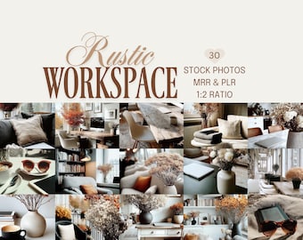 Rustic Workspace Stock Photos: Cozy Floral Office(PLR, MRR) (Digital Download)