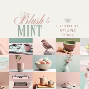 以下が含まれることがあります： ブッシュとミントの色合いのストック写真25枚のセット。タイプライター、ティーカップ、鳥、マカロンのボウル、花瓶の花、リンゴのボウル、白い犬などがあります。