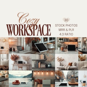 May include: A promotional image featuring a collection of 30 stock photos with a cozy workspace theme. The title "Cozy Workspace" is displayed in a decorative font. The images showcase various home office setups with laptops, coffee, and decor.