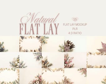 Neutral Floral Flat Lay Mockups, Minimalist Dried Flowers Backgrounds (PLR, Digital Download)