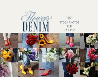 Editorial Street Style Stock Photos with Fashion Denim Jeans, Shoes and Flower Bouquets (Digital Download, PLR)