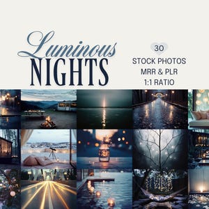 Puede incluir: Un collage de 12 fotos de stock con temática nocturna. Las fotos presentan escenas con iluminación suave, incluyendo una fogata, una carretera con luces y una hamaca con luces de hadas. El texto "Luminous Nights" está en la parte superior.
