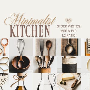 May include: A collection of minimalist kitchen stock photos featuring various items. These include copper spoons, a whisk, wooden spoons, a fork, a wooden bowl, a glass bottle, a cheese board, and a tea infuser. The text reads "Minimalist Kitchen".