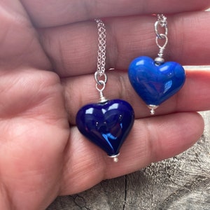Blue Lampwork Glass Mini Heart Necklace with Sterling Silver Chain