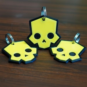 May include: Three yellow skull-shaped keychains with black outlines and silver key rings. The skulls have black eye sockets and a nose. The keychains are displayed on a dark brown wooden surface.