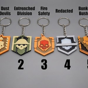Helldivers 2 Inspired Keychains – Dust Devils, Entrenched, Fire Safety, Redacted, Bunker Buster