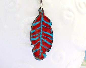 Red Boho Necklace, Enamel Feather Pendant Necklace, Artsy Boho Jewelry, Gift