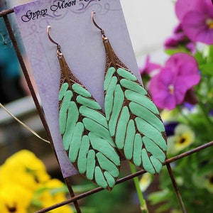 Boho Earrings, Big Earrings, Long Leaf Earrings Hand Painted Turquoise Green, Bohemian Earrings, Boho Jewelry image 3