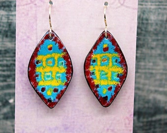 Red Turquoise Earrings, Colorful Enamel Jewelry, Oval Dangle Earrings