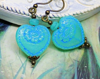 Turquoise Heart Earrings, Valentine Earrings, Gift, Seafoam Green Dangle Drop Earrings, Victorian Jewelry