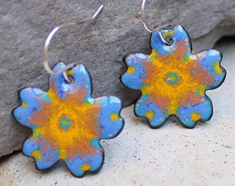 Periwinkle Blue Earrings, Enameled Flower Earrings, Boho Jewelry