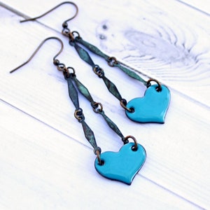Turquoise Enamel Heart Earrings: Grunge Style Brass Dangle Jewelry