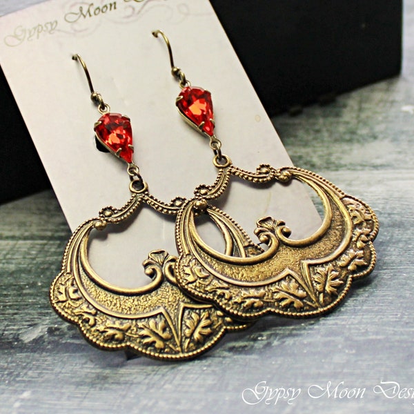 Chandelier Boho Earrings, Sparkly Gypsy Earrings, Flemenco Earrings, Big Brass Bohemian Earrings, Red Art Nouveau Earrings, Boho Jewelry