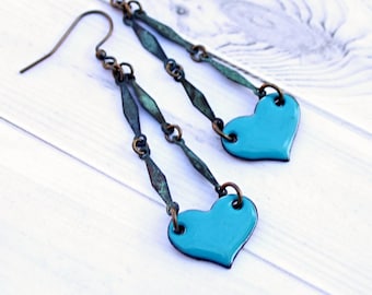 Blue Heart Earrings, Gift for Her, Enamel Jewelry