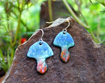 Mushroom Earrings, Psychedelic Fairyland Woodland Jewelry, Sterling Silver Ear Wires