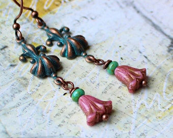Rosey Pink Flower Earrings, Copper Earrings, Pink Tulip Earrings, Valentine Gift, Dangle Drop Earrings, Floral Jewelry, Art Nouveau Jewelry
