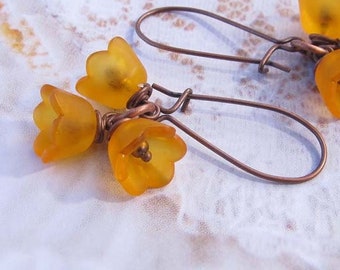 Orange Flower Earrings, Lily of the Valley Earrings, Floral Art Nouveau Jewelry