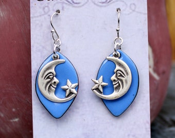 Blue Moon Earrings, Astrology Jewelry, Enamel Earrings Dangle, Torch Fired Enamel Jewelry