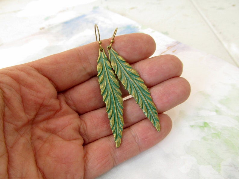 Leaf Earrings / Long Dangle Drop Earrings / Patina Jewelry image 6