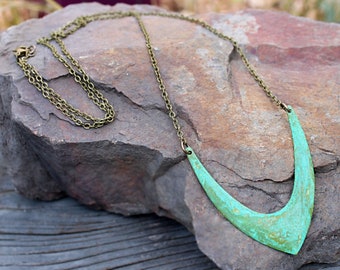 Long Boho Necklace, Patina Pendant, Bohemian Boho Jewelry, Gift under 30.00