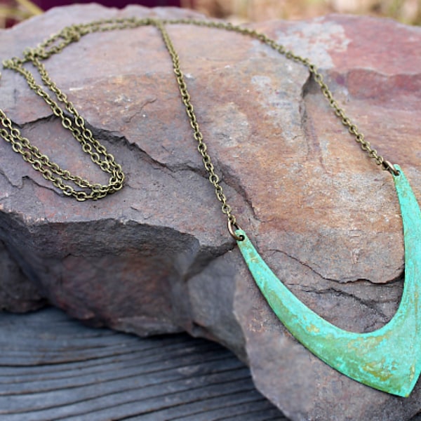 Long Boho Necklace, Patina Pendant, Bohemian Boho Jewelry, Gift under 30.00