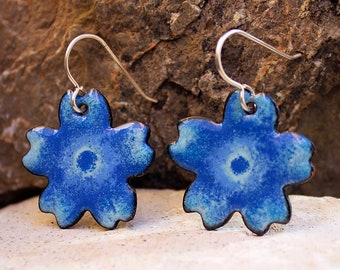 Artsy Blue Flower Earrings, Handmade Copper Enamel Earrings, Art Nouveau Jewelry, Dangle Drop Earrings