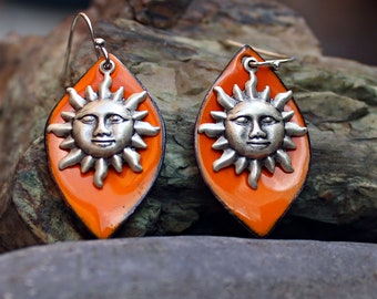 Sun Earrings, Astrology Jewelry, Orange Enamel Earrings, Torch Fired Copper Enamel Jewelry