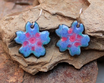 Artsy Flower Earrings Dangle, Torch Fired Enamel Jewelry