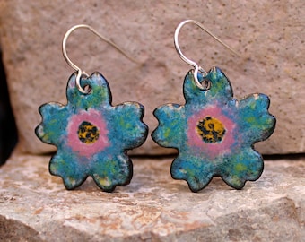 Turquoise Flower Earrings, Handmade Copper Enamel Jewelry