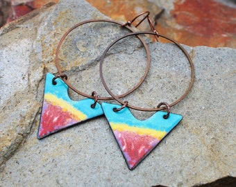 Big Copper Turquoise Earrings with Enameled Chevron, Torch Fired Enamel Jewelry, Mixed Metal Enamel Earrings