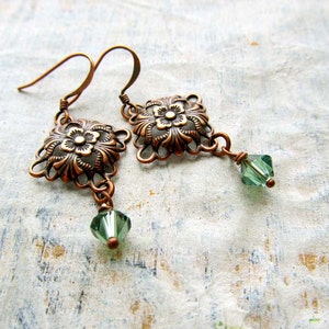 Small Copper Earrings Soft Green Crystals / copper jewelry image 2