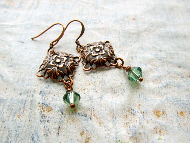 Small Copper Earrings Soft Green Crystals / copper jewelry image 2