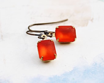 Small Orange Earrings, Gift for Mom, Square Vintage German Glass Earrings, Spring Jewelry