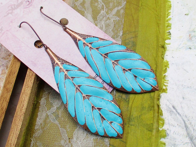 Big Turquoise Earrings, Long Leaf Earrings, Boho Dangle Earrings, Hippie Earrings, Bohemian jewelry image 3