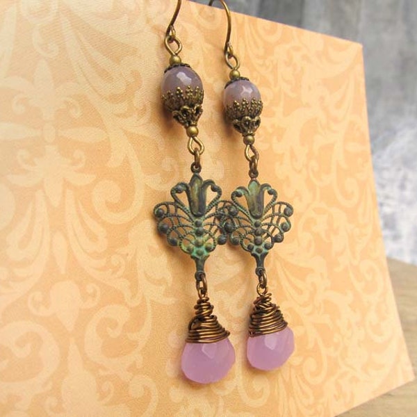 Long Art Nouveau earrings Green Lavender drop earrings Filigree Patina dangle earrings Gypsy Bohemian jewelry