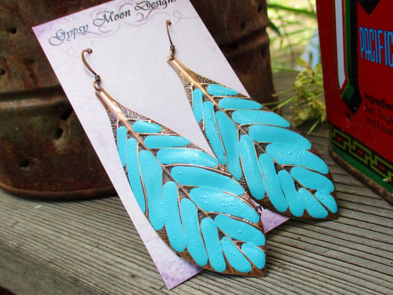 Big Turquoise Earrings, Long Leaf Earrings, Boho Dangle Earrings, Hippie Earrings, Bohemian jewelry image 8