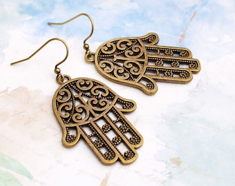 Moroccan Hamsa Earrings, Hand of Fatima Earrings, Bronze Dangle Earrings, Bohemian Jewelry, Gift for Her