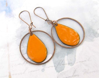 Boho Earrings, Orange Enamel Copper Earrings, Boho Jewelry, 7th Anniversary Gift