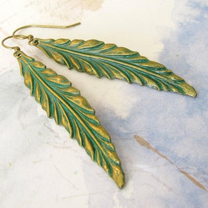 Leaf Earrings / Long Dangle Drop Earrings / Patina Jewelry image 4