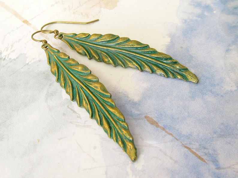 Leaf Earrings / Long Dangle Drop Earrings / Patina Jewelry image 4