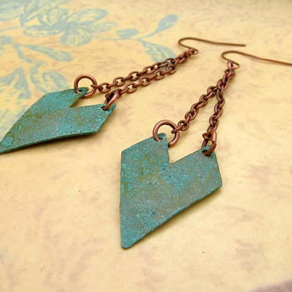 Bohemian earrings  copper jewelry green Patina earrings Chevron earrings -dangle drop earrings - geometric Boho jewelry