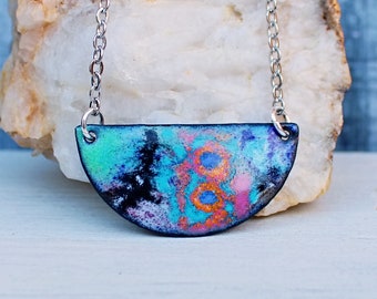 Artsy Copper Enamel Bib Necklace, Enameled Jewelry, Stainless Steel Chain, Tarnish Resistant