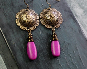 Long Boho Earrings, Purple Earrings Dangle, Antiqued Brass Jewelry